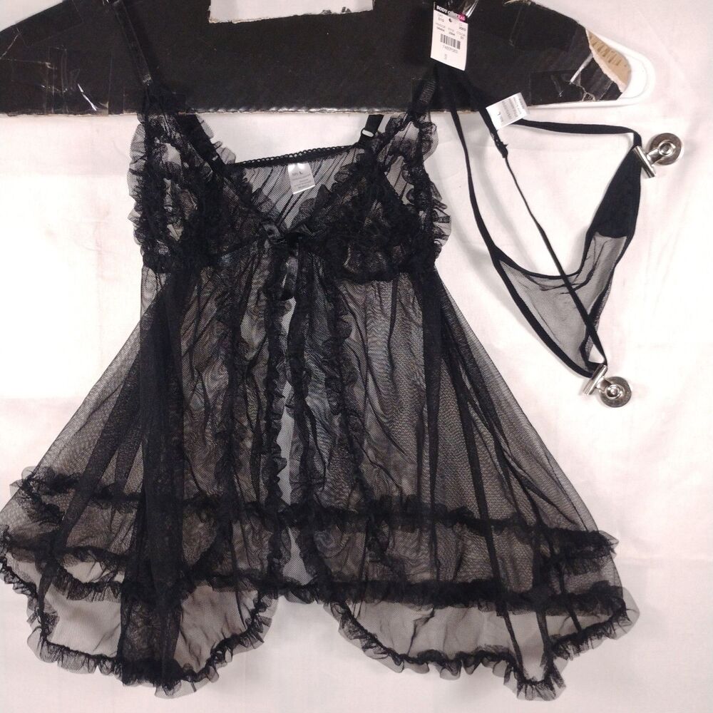 Body Central Sheer Lace Up Babydoll Lingerie With Thong Black Size Large New Nwt